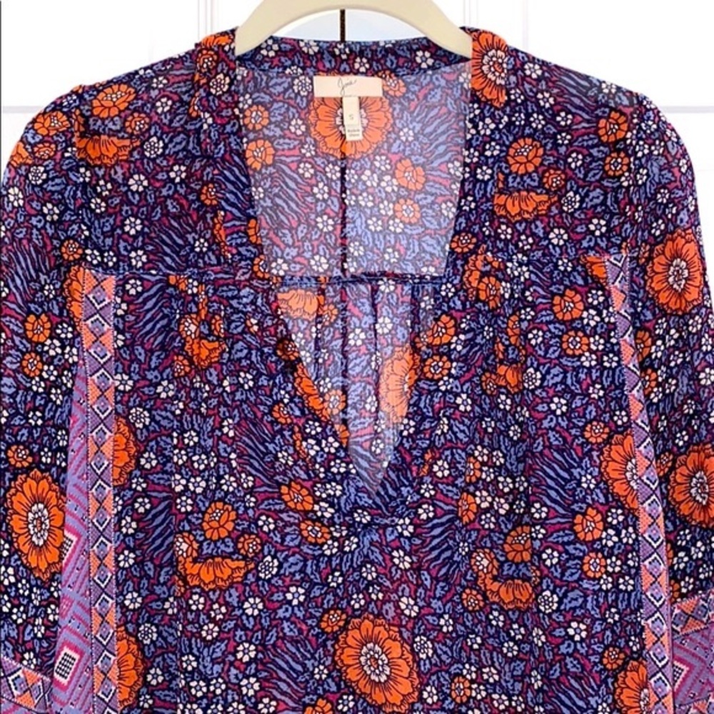 Joie Purple, Orange & Blue Print Silk Sheer Blouse